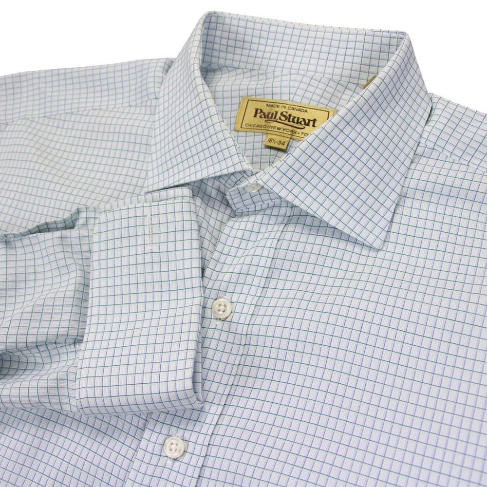 Paul Stuart Mens 16.5-34 White Green Check Long Sleeve‎ French Cuff Dress Shirt